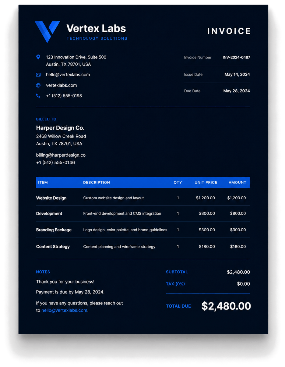 Bold Dark invoice template preview