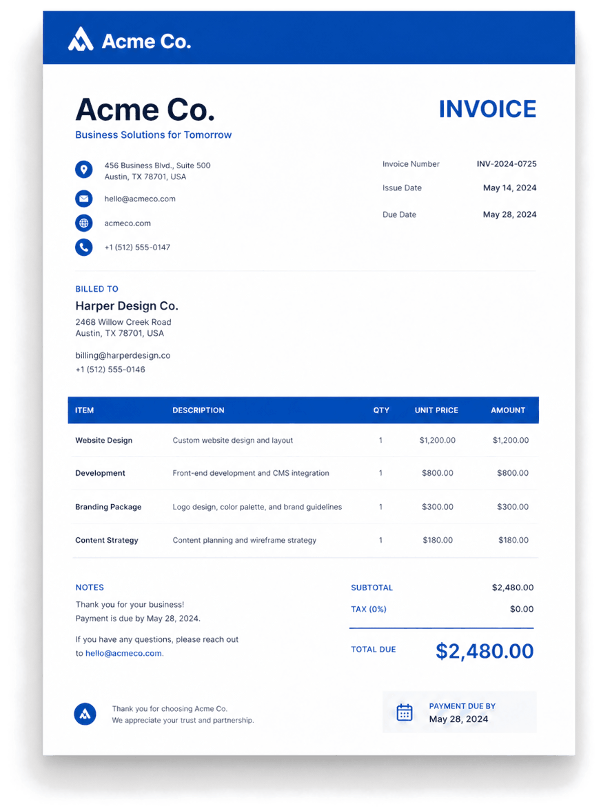 Classic Blue invoice template preview