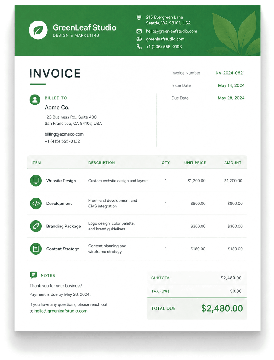 Modern Green invoice template preview